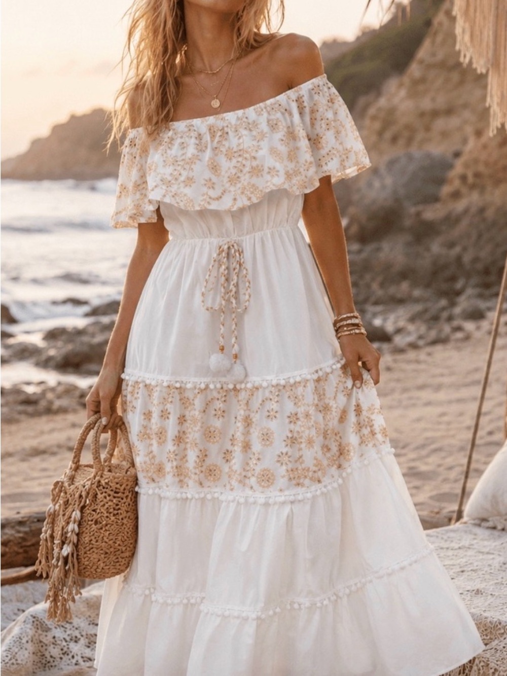 Off-Shoulder White & tan Embroidered Maxi Dress